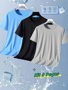 Kit 3 Men's T-Shirts Short Sleeves Breathable Mesh Quick-Drying Ice Silk - Baby Blue - View 1