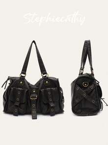 STEPHIECATHY Sac à main vintage pour femme  végétalien PU doux et lavé. Style de rue cool Y2K avec rivets, oeillets et ceinture. Grand sac à bandoulière à longue sangle avec grande capacité, convient pour un ordinateur portable de 13" et plusieurs poches. Idéal pour les déplacements quotidiens, les sorties et le collège. - Multicolore - Voir 9