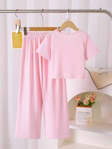 2pcs/Set Girls Summer New Fashion Casual Solid Color Short Sleeve Blouse And Long Pants, Versatile Leisure Outfit - Pink - View 2