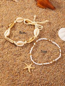1 Set Of 2 Pcs Summer Starfish & Shell Woven Anklets, Fashionable European & American Ocean Beach Style - one-size - View 3