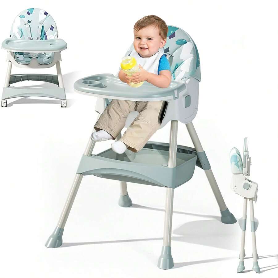 Klappbarer Baby-Esszimmerstuhl, höhenverstellbarer Kinderhochstuhl, multifunktionaler Rückenlehnenstuhl mit Rädern und Esstablett, geeignet zum Füttern, Essen und Spielen für Säuglinge im Alter von 0–6 Jahren, 91 * 75 * 63 cm (grün)