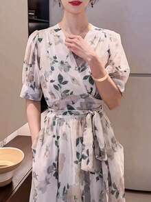 Vestidos Largos Elegantes Dama De Manga Corta de Floral De Cruzado Con Cuello En V,  Vestidos De Fiesta Largos Dama De Moda De Versátil Estampado Romántico,  Vestido Largo Dama De Gasa De Manga Corta Con Aberturas De Vacaciones De Ocio - Blanco - Ver 6