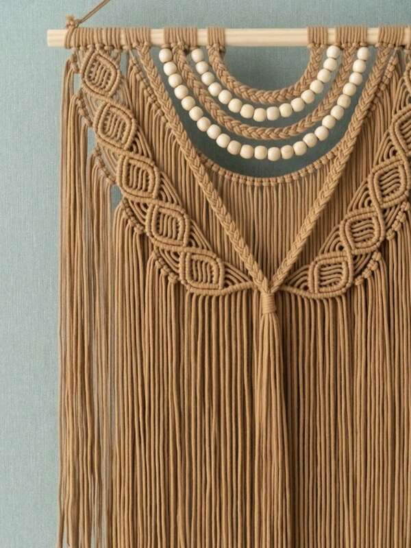 1 pieza Colgante de pared de macramé, decoración de pared estilo bohemio, cuerda tejida a mano, borlas, cuentas de madera, tapiz de fondo