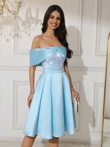 Off Shoulder Bowknot Satin Short Dress Sequin Ball Gowns Evening Dresses A-Line Homecoming Dresses For Graduation, Party - Baby Blue - View 6