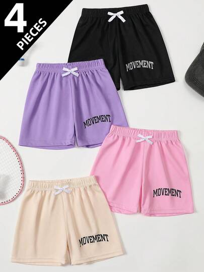 Set de 4 pantalones cortos deportivos para niñas, pantalones cortos de running para exteriores con estampado en inglés, pantalones cortos sueltos de malla finos para verano, adecuados para niñas de 4 a 12 años