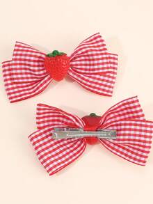 2pcs Girls Strawberry Hair Bow Clips, Strawberry Charm Decorated & Red-White Gingham Print Bows, Cute Kawaii Hair Accessories For Birthdays Spring Summer
