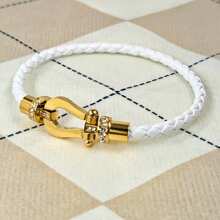 1pc Fashionable Minimalist U-Shaped Micro-Inlaid Half-Brick Magnetic Buckle Braided Leather Bracelet, Unisex Daily Wear, Holiday Gift