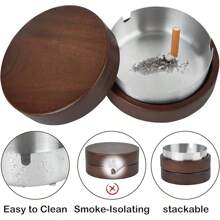 1 pezzo Posacenere in legno con coperchio, posacenere antivento con design in acciaio inossidabile carino, adatto per feste indoor/all'aperto, ufficio, casa, balcone