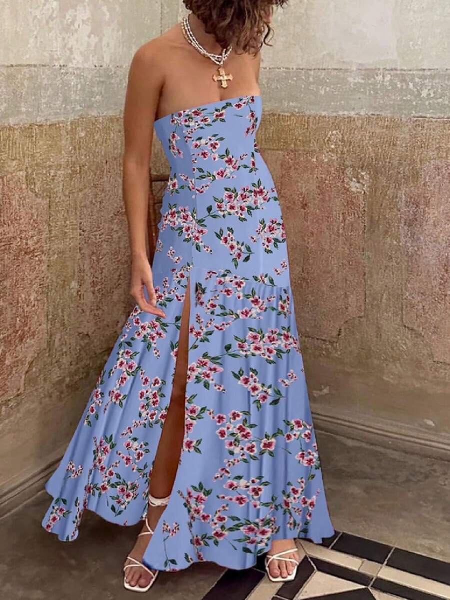 Women Y2K Floral Long Tube Dress Strapless Sheer Mesh Slit Dress Off Shoulder Ruffle Flowy Beach Dresses - 藍色 - 查看 1