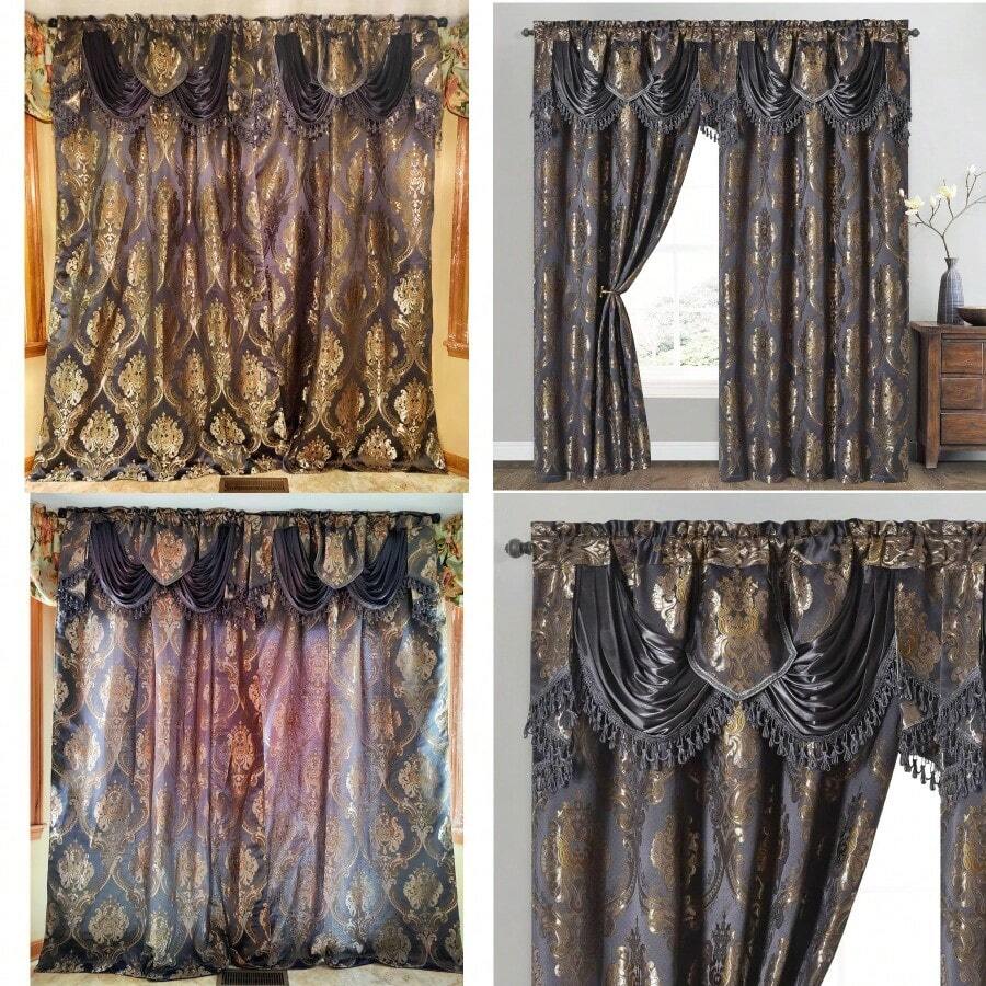 Luxe Love. Jacquard Window Curtain Panel Drape With Attached Fancy Valance. 2pcs Set. Deep Grey 54 Wide X 84 Drop With 18 Valance X 2pcs - DeepGrey - View 1