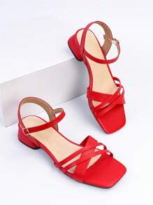 Wide Fit Women's French Cross Strap High Heel Sandals, 2025 Summer New Fashion Versatile Square Toe Buckle Strap Vacation Outdoor Roman Sandals