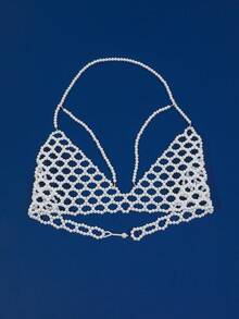 1pc Fashionable Personalized Exaggerated Hollow Out Faux Pearl Women's Necklace Backless Body Chain, Handmade Beaded Backless Jewelry For Wedding, Party, Carnival, Vacation - White - View 2