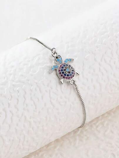 1pc European And American Personalized Fashionable Sea Turtle Design Cz Micro-Inlaid Turtle Decor Retractable Bracelet For Daily Wear