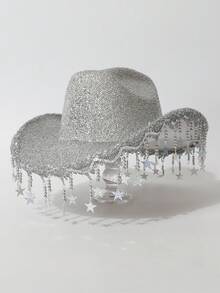 1 件女式闪亮五角星流苏吊坠时尚爵士帽，女牛仔帽适合派对、婚礼、舞台穿着，全年 - 禮帽 - 查看 13