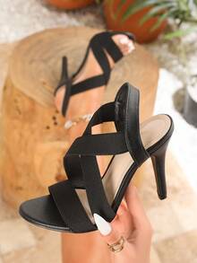 时尚圆头优雅交叉带夏季女士高跟凉鞋，适合婚礼和派对等场合 - 黑色 - 查看 4