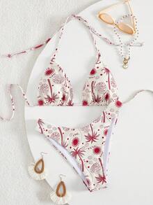 女士热带印花细肩带比基尼两件套，适合海岛度假和摄影 - 彩色 - 查看 1