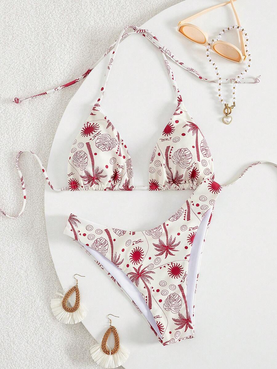 女士热带印花细肩带比基尼两件套，适合海岛度假和摄影 - 彩色 - 查看 1