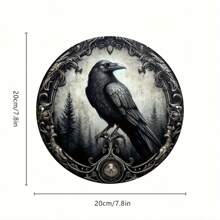 1 pieza Placa metálica 2D, placa decorativa redonda metálica con diseño de corona y cuervo, decoración de pared para hogar/café/apartamento/restaurante/sala de estar, regalo de fiestas, regalo para amantes de las aves, 8" X 8", estilo de perforación aleatorio