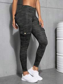 Damkläder med kamouflagetryck, sportyogaleggings, multi-pocket casual fitness skinny byxor och tights - Grå - Visa 2