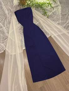 The New Women's Contrasting Square Neck French Elegant Hip-Hugging Long Spring And Summer Dress - Navy Blue - View 5