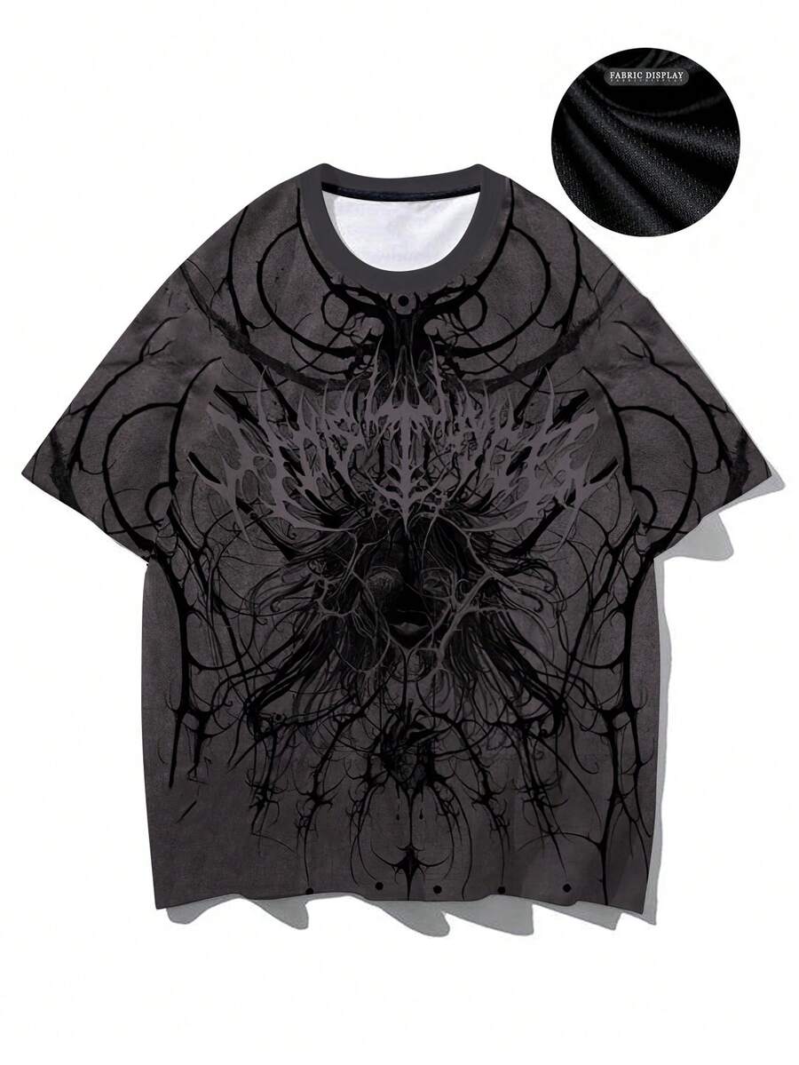 大码男士夏季运动短袖，深色图案印花圆领T恤，休闲男女通用短袖