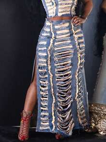 春夏 Y2K 街头性感水洗裙复古镂空做旧破洞毛边牛仔女裙 - 中等水洗藍 - 查看 3