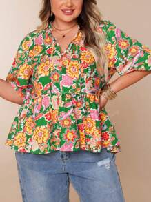 Plus Size Women Casual Floral Print Ruffle Collar Tie Waist 3/4 Lantern Sleeve A-Line Blouse Shirt, For Summer