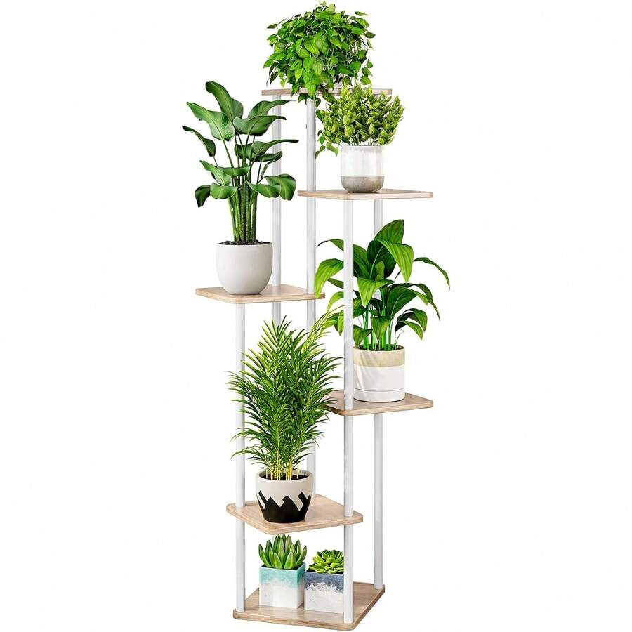 Plant Stand 5 Tier Indoor Metal Flower Shelf For Multiple Plants Corner Tall Flower Holders For Patio Garden Living Room Balcony Bedroom, Black (5 Tier-Black) - 6層-白色+索諾瑪橡木 - 查看 1