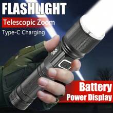 1pc Super Bright Flashlight | Spotlight/Floodlight Dual Modes Zoom + 3 Brightness Levels | Type-C Fast Charging + Real-Time Power Display | Waterproof Design | Ideal For Outdoor Adventure, Camping, Night Riding, Car, Home Emergency