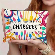 Bolsa de almacenamiento de cable y USB de colores vibrantes - Estuche de lona duradera con cremallera, estuche de accesorios electrónicos unisex con impresión "CARGADORES", para viajes o uso doméstico, bolsa de viaje, artículos de vacaciones, regreso a la escuela, bolsa de escuela, bolsa de viaje para mujeres, bolsa de maquillaje para viajes