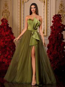 Heavy Embellished Olive Green Strapless Tulle Formal Gown With Side Bow And High Slit, Luxury Bridesmaid Dress, Elegant Evening Dress, Prom Dresses For Women, Party Dress, For Wedding Guest