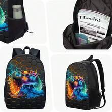 3件套游戏主题背包套装（黑色/荧光色/彩色），包含手提包、铅笔盒和收纳袋 - 耐用涤纶材质，轻便时尚，混色设计 - 彩色 - 查看 8