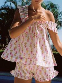 Women's Floral Pajama Set 2 Piece Loungewear Cute Ruffle Trim Cami Tank Top And Shorts Set Matching Pjs Set - 粉色 - 查看 3