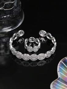 2pcs Set Luxury Elegant Smiling Face Bangle And Ring Set, Fashion Minimalist Copper Alloy Cubic Zirconia Jewelry Set, Valentine's Jewelry Gift
