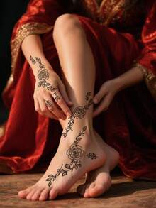 2 件黑色指甲花临时纹身贴纸，莲花和叶子图案，水转印防水临时纹身，适合女士和女孩，用于婚礼、派对和节日 - 黑色 - 查看 4