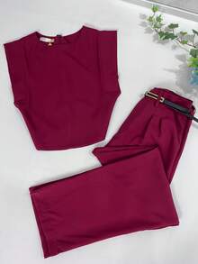 Women's Set: Summer Sleeveless Solid Color Round Neck Top And Wide Leg Pants With Belt And Bag - Redwood - View 2