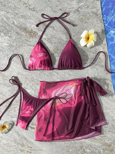 Set de 3 piezas de bikini con estampado floral tropical degradado para mujeres, con tirantes ajustables, bragas con lazos laterales y vestido de cubierta fluido para la playa y fiestas