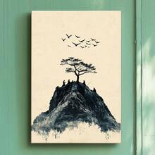 1 Pc, Framed Canvas Wall Art. Solitary Mountain Top, Group Of Warriors, Minimalist Ink Wash Style, Art Print Canvas Poster. Ideal Gift For Bedroom, Living Room, Hallway, Kitchen, Bathroom, Cafe, Office, Bar Dormitory Wall Decoration. - Multicolor - View 2