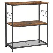 Küchenregal, Mikrowellenregal, Kücheninsel, Standregal, Metallgestell, 3 Ablagen, offen, 6 Haken, Multifunktionsregal, 80 x 40 x 90 cm, Industrie-Design, vintagebraun-schwarz - Vintagebraun-Schwarz - Übersicht 2