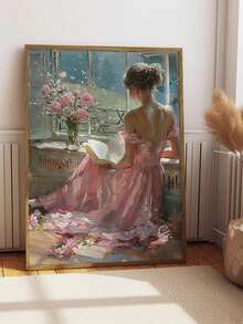 1 件帆布墙面艺术海报家居装饰礼品，捕捉身着飘逸玫瑰色连衣裙的女子之美，在盛开的鲜花环绕的阳光窗边阅读，可直接悬挂，可选带框 - 彩色 - 查看 7