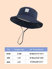 2pcs Kids' Solid Color Embroidered Smiling Face Chin Strap Summer Beach Sun Protection Bucket Hats - 灰色+藏青(笑臉) - 查看 4