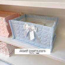 1 Cute Pink And Blue Three-Dimensional Bow Lace Storage Basket, Desktop Sundries Storage Basket, Lipstick Makeup Brush Skin Care Storage Basket, Desktop Decoration, Cosmetics Organizer, Portable Picnic Basket, Valentine's Day Gift, Bathroom Storage