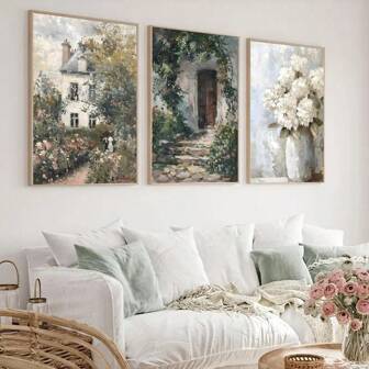 1/3 pièces Impressions murales vintage de jardin de roses et d'hortensias de style cottage, fresques florales de style campagne, affiches sur canevas botanique avec cadre en option, décoration murale printanière neutre, cadeau idéal pour le salon, la chambre, le bureau, le dortoir, le café, le bar, le couloir, la maison et la décoration de pièce