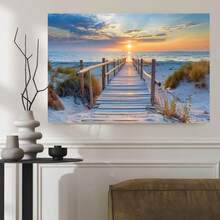 Impresión de arte de pared en lienzo con camino de madera en atardecer de playa - Decoración del hogar de paisaje de playa - Multicolor - Ver 2