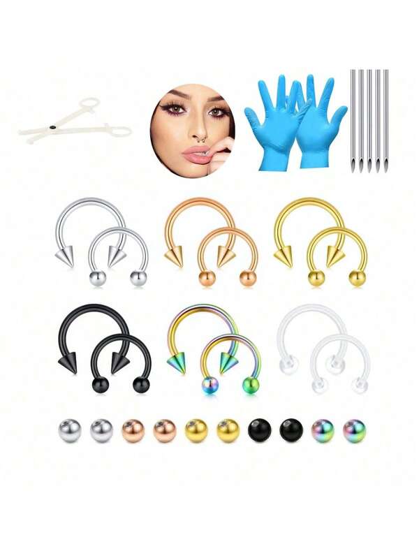 31-33PCS Septum Piercing Kit,16G Surgical Steel Mixed-Size Nose Septum Retainer Rings 14G Piercing Needles Kit Horseshoe Cartilage Helix Tragus Earring Hoop Eyebrow Retainer