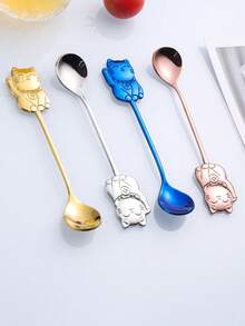 1pc Stainless Steel Lucky Cat Coffee Spoon, Dessert Spoon, Stirring Spoon - Multicolor - View 5