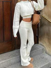 Senya 女款純色圓領長袖短版麻花針織開襟衫與長褲兩件套，休閒修身喇叭褲套裝 - 米色 - 查看 2
