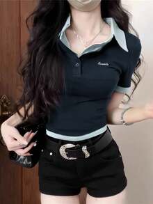韩版二合一 Polo 领短袖 T 恤，夏季修身短款刺绣字母短款上衣