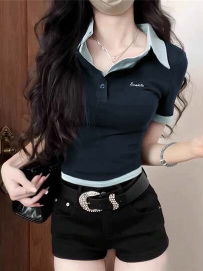 韩版二合一 Polo 领短袖 T 恤，夏季修身短款刺绣字母短款上衣
