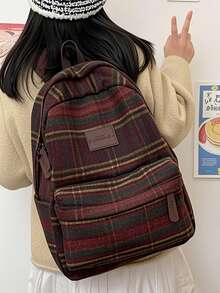 Letter Color Blocking Women's Functional Backpack, British Retro Plaid Woolen Small Capacity Backpack, Casual Bookbag, Student Bag, Without Pendant - Multicolor - View 5